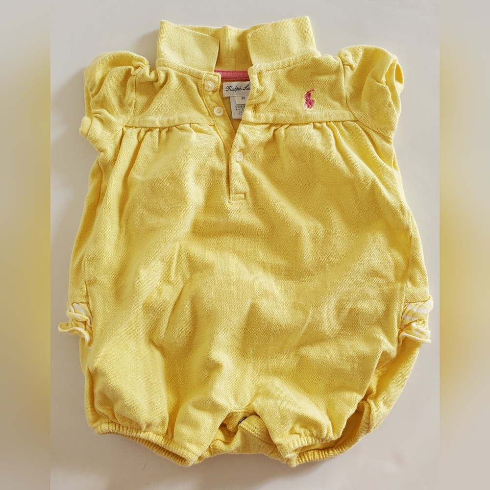 Ralph Lauren Yellow Short Sleeve Romper With Ruffle Bottom Size 9m